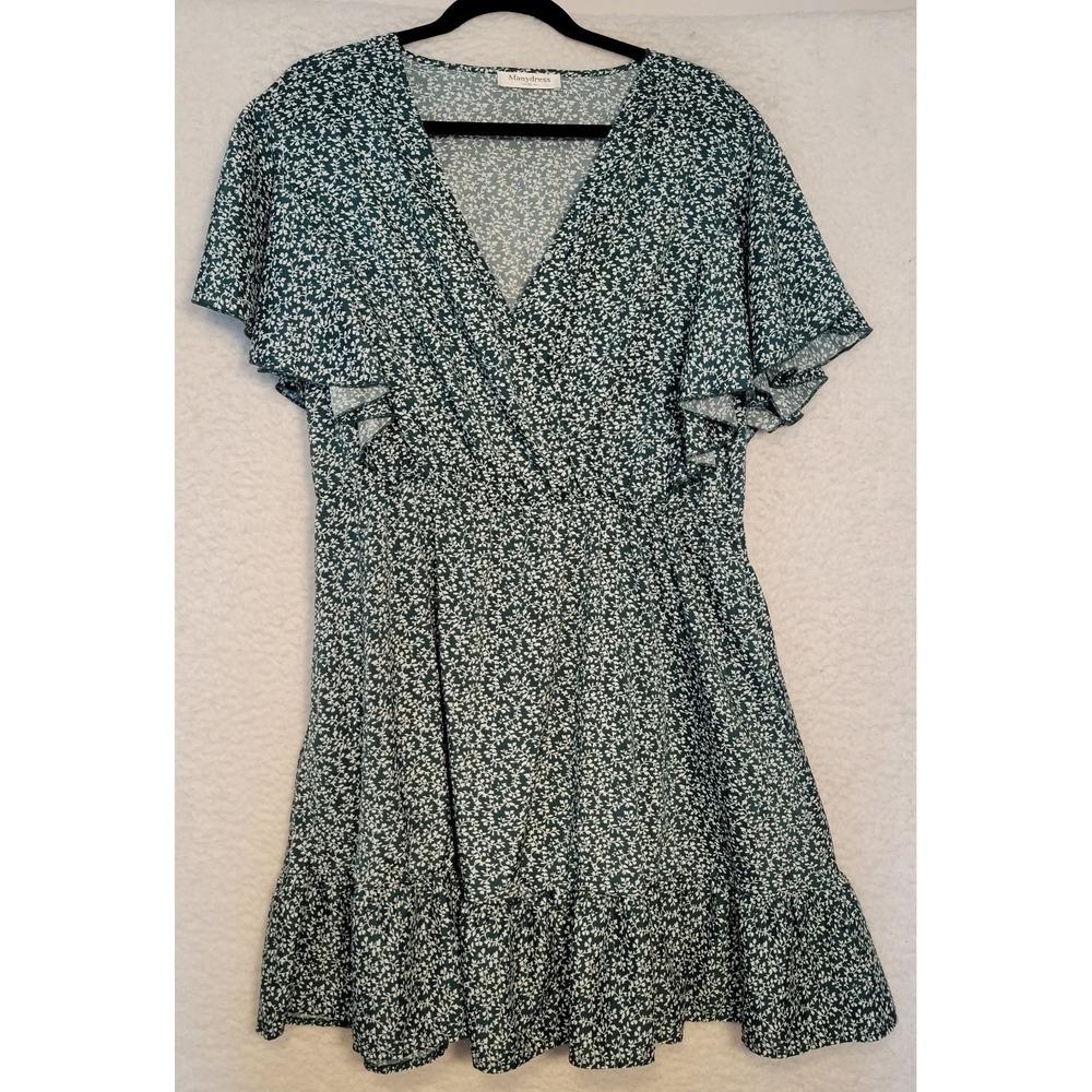 Manydress Floral Dress Knee‎ Length Green White Size XL Flutter Sleeve Boho 1341